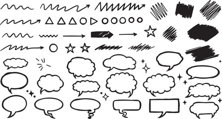 Hand Drawn Doodle Elements Arrows Shapes Speech Bubbles Stars and Scribbles Keywords: doodle, hand drawn, sketch, drawing, element, icon, arrow, shape, on white background also transparent background