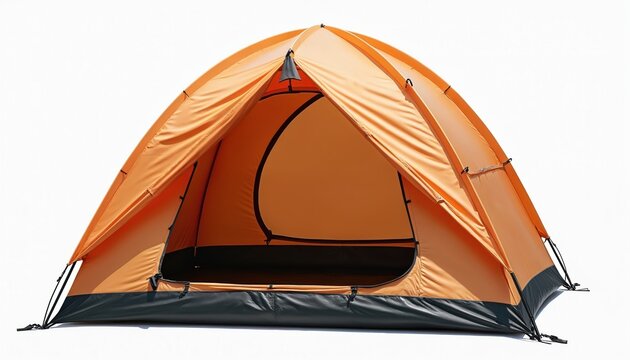 Open orange tent for camping, hiking isolated on white. Dome shape design, entry way. Tent spacious, ready for sleep. Perfect for nature escape outdoors adventure. Ideal for travel blogs gear reviews.