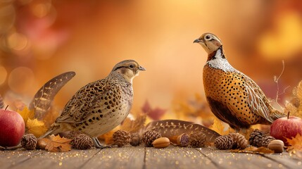 Two birds amid autumn leaves, apples, and pinecones on rustic wooden planks