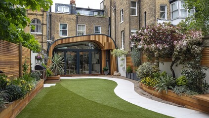 Stunning modern backyard oasis featuring a curved wooden extension lush landscaping and vibrant flowering trees