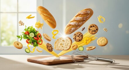 Fresh, diverse ingredients floating dynamically in a bright kitchen, representing careful food choices and specific dietary planning for healthy living.