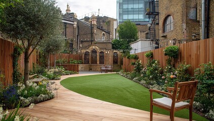 Serene urban garden oasis offers tranquil escape with lush greenery modern decking and cozy seating areas for relaxation