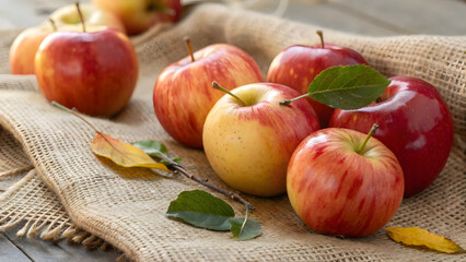 Fresh red and golden-yellow apples are artfully arranged on a coarse, textured burlap surface, their smooth, waxy skins glistening with a natural sheen under soft daylight