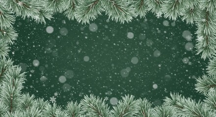 Frosted pine branches frame a snowy dark green background, ideal for winter holidays, festive greetings, and seasonal designs.