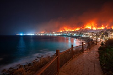 Fototapeta premium Nature's duality: wildfire and calm sea clash on greek coast. Na
