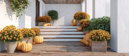 Vibrant autumn porch decorated with pumpkins and golden chrysanthemums creating a warm inviting seasonal welcome