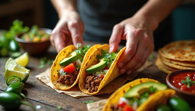Hands assemble fresh tacos with ground meat avocado tomato cilantro onion. Lime jalapeno salsa served on rustic wood table. Delicious mexican food. - Powered by Adobe