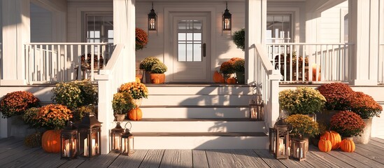 Warm autumn porch welcomes guests with vibrant mums pumpkins and glowing lanterns bathed in golden light