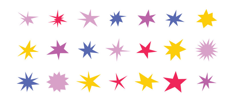 Sharp stars shapes set. Bright irregular sparks, colorful twinkles. Abstract edgy sparkle and stars elements pack. Asymmetry forms