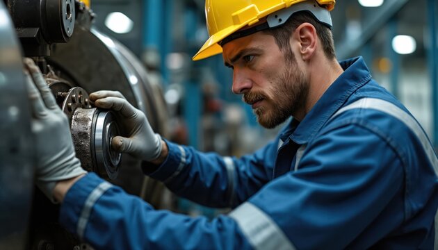 Male mechanic wears hard hat, blue overalls examining large industrial machine part. Technician checks equipment for wear, tear in factory setting. Worker maintains heavy duty machinery for optimal