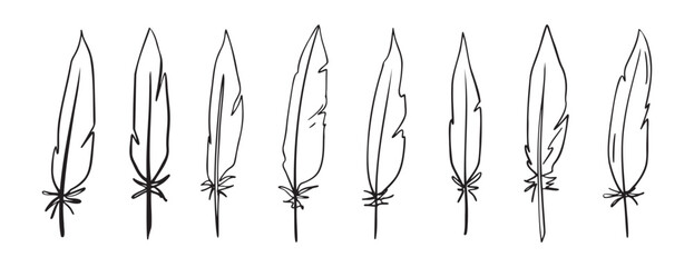 feather pen doodle hand drawn icon set. Outline drawing feather pen line clipart symbol collection