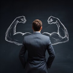 Confident businessman envisions his inner strength and power visualized as muscular arms on a dark chalkboard background