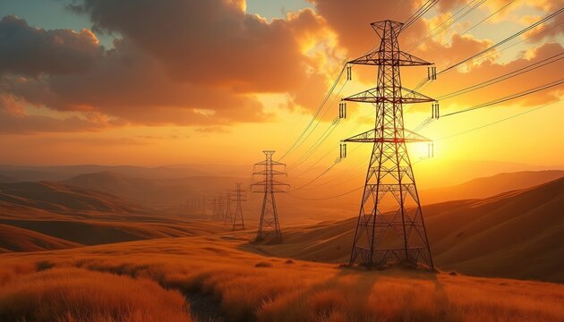Electricity pylons stretch across rolling hills at sunset. High voltage power lines cross a golden grassy meadow under a warm orange sky, showing energy infrastructure.