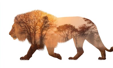Majestic lion silhouette merges with a vibrant forest landscape at golden hour embodying strength and nature's wild beauty