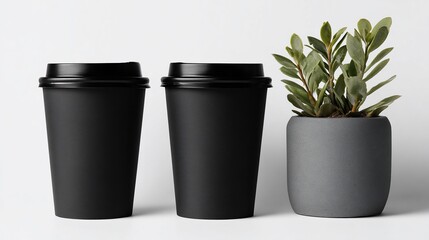 Two black coffee cups with lids and small green plant on a white background