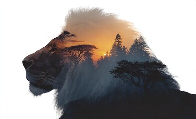 Majestic lion profile fused with vibrant sunset savanna landscape symbolizing power and nature's wild beauty