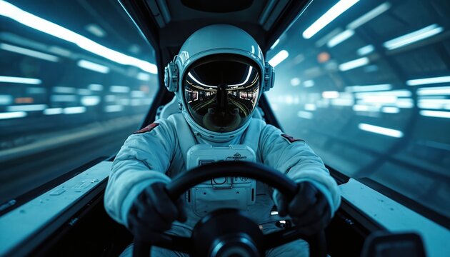 Astronaut inside futuristic vehicle pilots spaceship through glowing tunnel. Cosmic travel and space exploration. Sci fi transport for space mission adventure. Future technology concept.