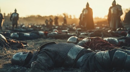 Dramatic scene of fallen medieval knights on the battlefield after an epic conflict and warfare