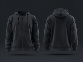Sleek black zip-up hoodie mockup front and back views showcase modern streetwear style for fashion brands
