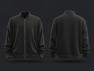 Sleek black bomber jacket front and back view for modern fashion designs and apparel mockups