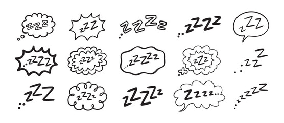 Zzz Zzzz bed sleep snore sound bubble set, snooze nap Z sound icon cloud set. Sleepy Zzz doodle hand drawn line icons
