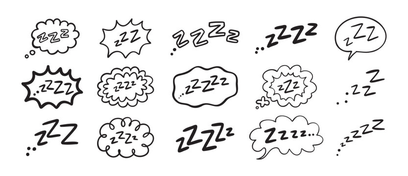 Zzz Zzzz bed sleep snore sound bubble set, snooze nap Z sound icon cloud set. Sleepy Zzz doodle hand drawn line icons