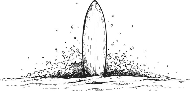 Surfboard sketch hand drawn style with ocean waves and splashing water — stock vector