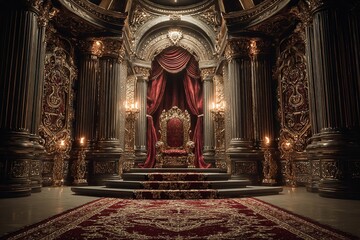 Majestic opulent throne room with ornate gold details and rich red velvet curtains evoking power and royalty