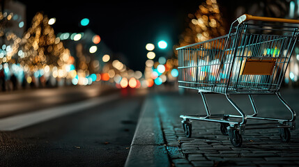 An empty shopping cart stands on a city street at night surrounded by the warm glow of out-of-focus urban lights