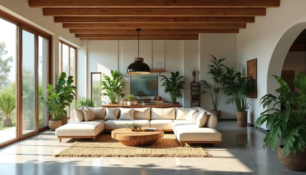 Bright airy living room with plush sectional sofa, natural wood coffee table, and numerous green potted plants. Large windows offer outdoor views. Modern interior design.