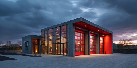 Modern concrete fire station with bright red garage doors illuminated at dusk against dramatic cloudy sky