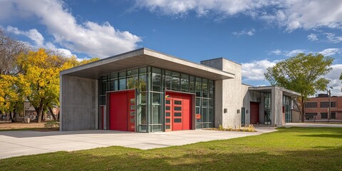Modern concrete building with vibrant red doors and large glass windows under a bright blue sky with clouds