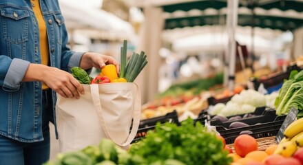 Person's hands placing fresh colorful organic vegetables into an eco-friendly reusable shopping bag at a vibrant outdoor farmers market.
