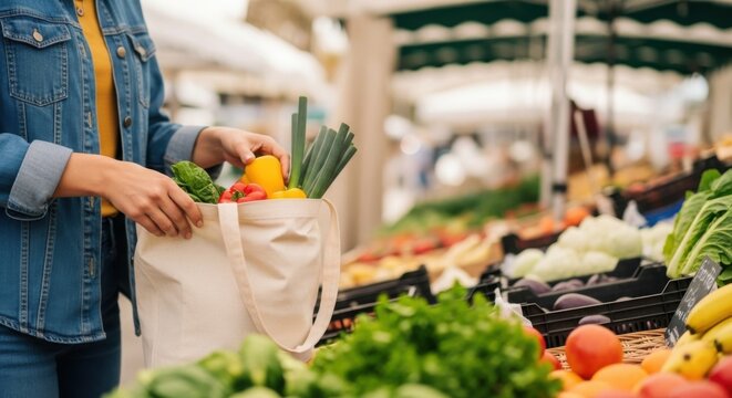 Person's hands placing fresh colorful organic vegetables into an eco-friendly reusable shopping bag at a vibrant outdoor farmers market.
