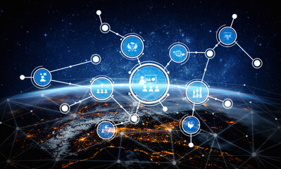A captivating visualization of global network connectivity, featuring digital links and nodes illustrating communication and data exchange over Earth at night. Tessel