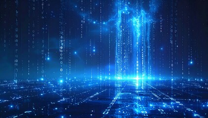 Digital city, glowing codes falling