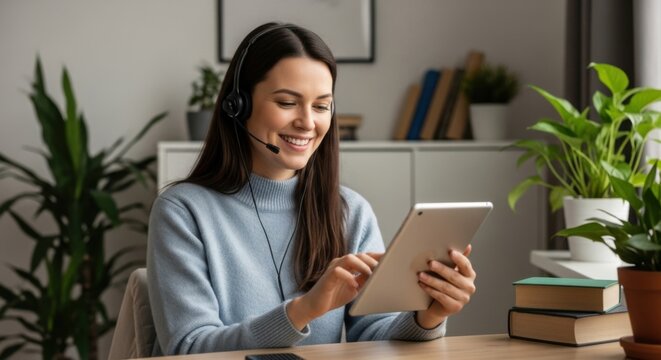 Happy young woman wearing headset with microphone using tablet for online video call, e-learning, or remote customer support from home