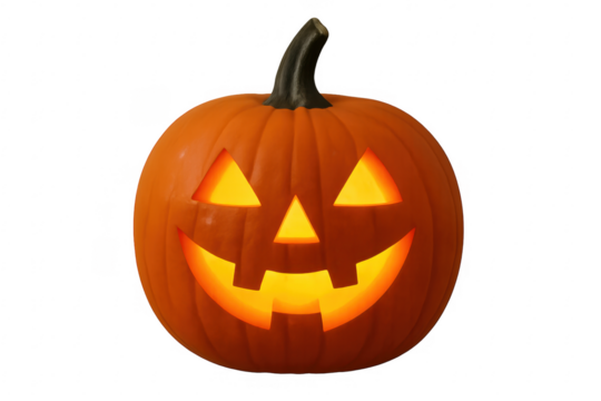 Carved halloween jack-o-lantern glowing with transparent background