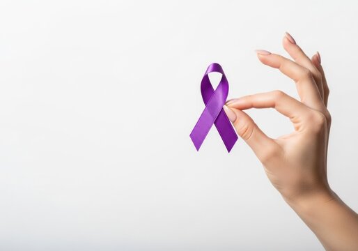 Purple ribbon in woman’s hand on white background banner for Epilepsy Awareness month, Purple Day, Domestic Violence Awareness month, Pancreatic Cancer Awareness Month