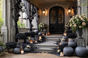 Elegant modern Halloween porch decor with pumpkins candles and floral arrangements creating a spooky yet sophisticated ambiance