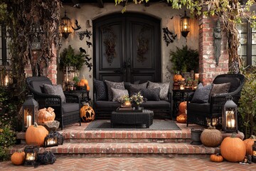Spooky Halloween porch decor creates an invitingly eerie atmosphere with pumpkins lanterns and dark accents for festive fall celebrations