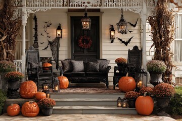 Spooky Halloween porch decor with pumpkins bats and mums creates a festive welcoming atmosphere for trick-or-treaters
