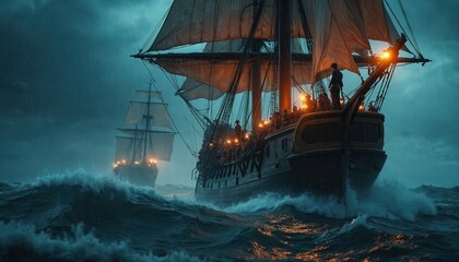 Two old wooden sailing ships navigate rough seas during a fierce storm. Rain lashes down as waves crash over the vessels. Lanterns glow on the decks.