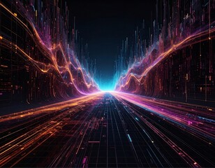 Digital highway, vibrant colors, glowing lines