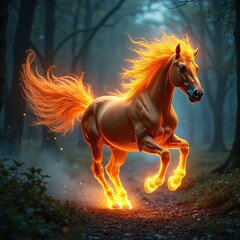 Fiery horse with glowing mane and tail runs through dark forest. Sparks fly from hooves. Magical creature runs fast. Mysterious woods ambiance.