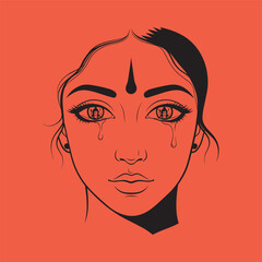 Emotional line art portrait of Sita weeping for Rama. Her sorrow is highlighted by a single tear and a Maang Tikka detail, emphasizing her grief and longing from the Ramayana.