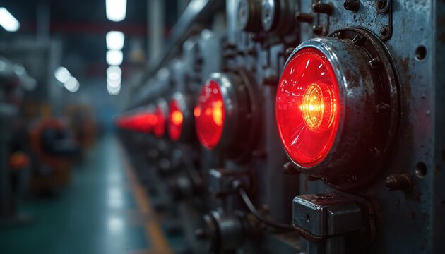 Close up machine with red alert light. Industrial equipment shows failure. Production line needs fixing. Factory needs service. Automated machine warning system in plant. Emergency lights on machine