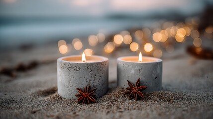 Two candles with star anise on beach, blurred lights create tranquil scene