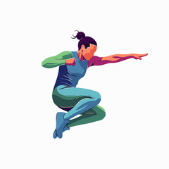 Dynamic illustration of a woman in athletic attire executing a powerful jump, showcasing energy and movement against a clean background.
