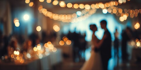 Romantic couple dances bathed in warm bokeh lights at elegant wedding celebration evoking joy and love